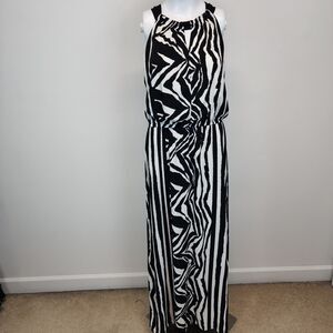 Chicos 1 Ikat Slinky Geo Maxi Dress Size M Black White Sleeveless Stretch Mature